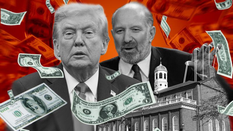 Illustration of President Donald Trump beside Commerce Secretary Howard Lutnick, who is puppeteering Harvard Hall with money raining around them | Illustration: Eddie Marshall | Daderot | CNP | AdMedia | SIPA | BONNIE CASH | UPI | Aaron Schwartz | CNP | Polaris | Newscom | Kerry Kay-smith | | Dreamstime.com