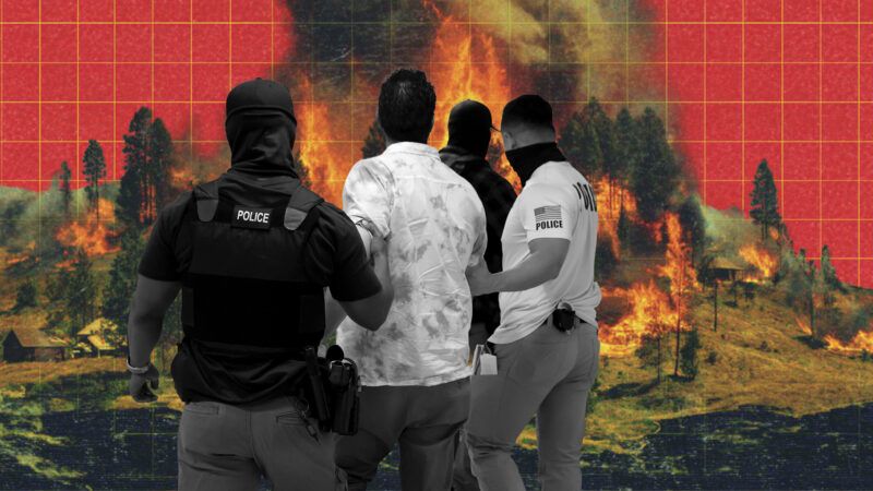 Immigration agents detaining men | Illustration: Eddie Marshall | Michael Pettigrew | | Dreamstime.com | John Lamparski | Sipa USA | Newscom | Midjourney