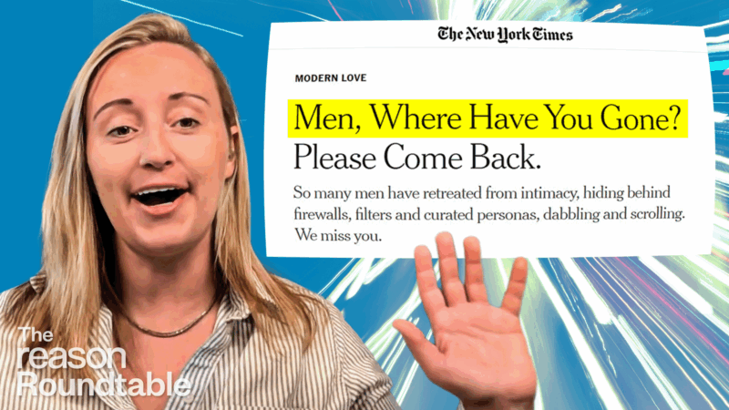Emily Jashinsky raises her hand in front of a bright blue background with streaks of light. Next to her is a New York Times headline that reads, “Men, Where Have You Gone? Please Come Back,” with the subheading describing men retreating from intimacy and engagement. | Illustration: Eddie Marshall