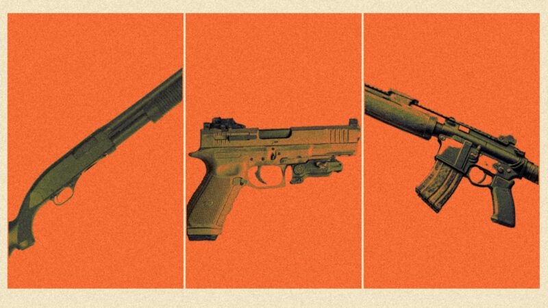 Three orange panels with a different gun shown in each panel | Illustration: Eddie Marshall | Rcpphoto | Dreamstime.com | Midjourney