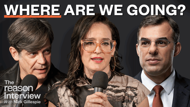 Nick Gillespie on the left and Kennedy in the center hold microphones, while Justin Amash on the right looks toward them. Text at the top reads “WHERE ARE WE GOING?” | Illustration: Adani Samat