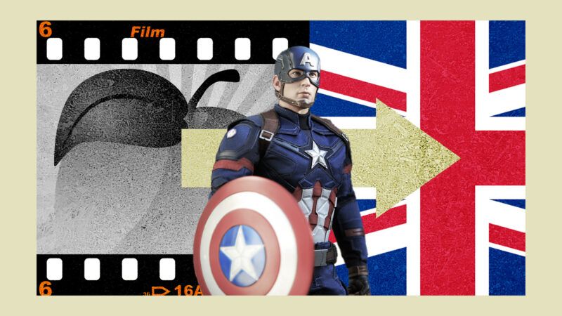 Captain America (Chris Evans) from the Marvel Cinematic Universe. In the background, an arrow depicts a transition from a peach (signifying Georgia) from a Union Jack, the flag of the United Kingdom. | Illustration: Eddie Marshall | Latch | Pholtana Wongsuchart | Jpldesigns | Dreamstime.com | Duche de Cleves | Wikimedia Commons