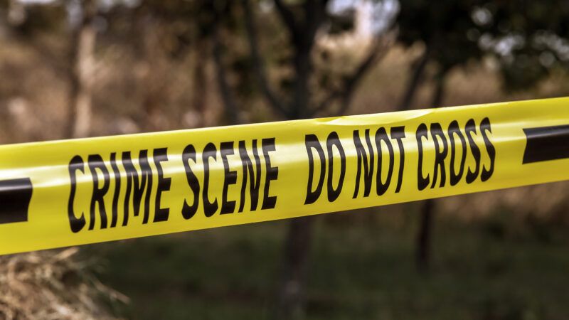 Yellow police tape, that reads "Crime scene, do not cross," in a wooded outdoor area. | Ruben Gasparyan | Dreamstime.com