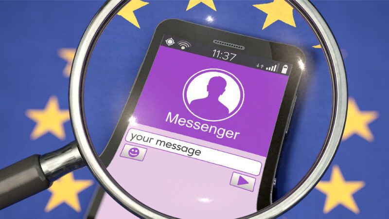 A magnifying glass over the screen of a cellphone displaying a generic Messenger app. | Kontakt5956 | Dreamstime.com
