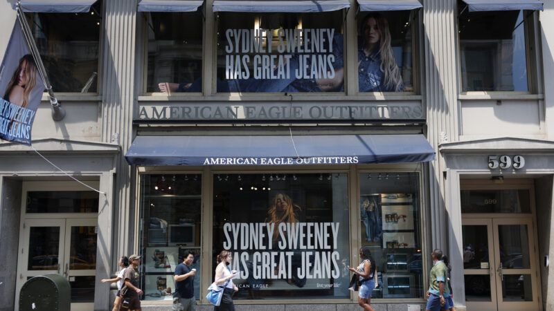 An American Eagle store, with window displays that say "Sydney Sweeney Has Great Jeans." | JOHN ANGELILLO/UPI/Newscom