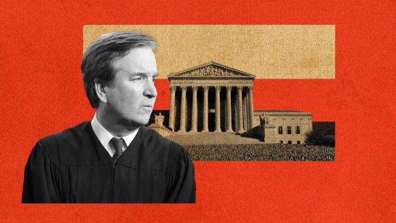 Supreme Court Justice Brett Kavanaugh and a photo of the Supreme Court building | Illustration: Eddie Marshall | Win McNamee | Pool via CNP | ZUMAPRESS | Newscom | Midjourney