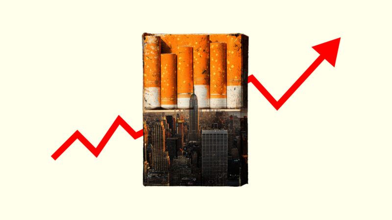 A pale yellow background with a carton of cigarettes and a red arrow pointing upward | Illustration: Eddie Marshall | Songquan Deng | Dreamstime.com | Midjourney