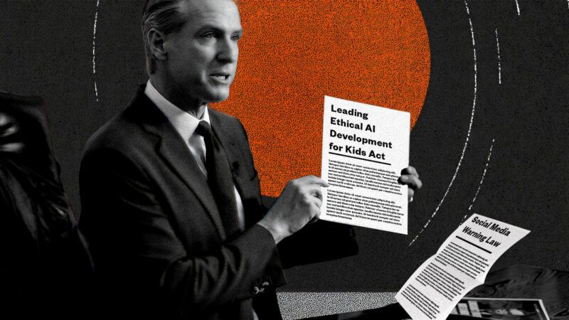 Illustration of California Gov. Gavin Newsom with the two tech bills | Illustration: Eddie Marshall | Rahul Lal | Sipa USA | Newscom | Midjourney