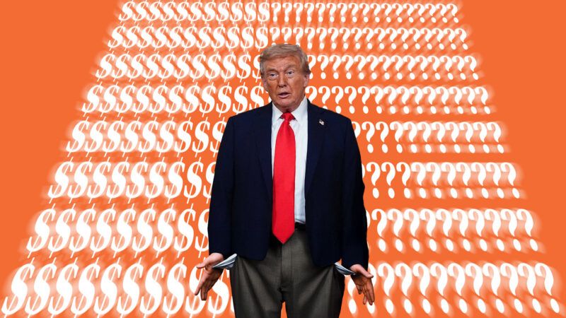 Illustration of President Donald Trump with empty pockets turned out, with dollar signs and question marks in the background | Illustration: Eddie Marshall | Aaron Schwartz | Pool via CNP | MEGA | Newscom | RSSIL | Newscom