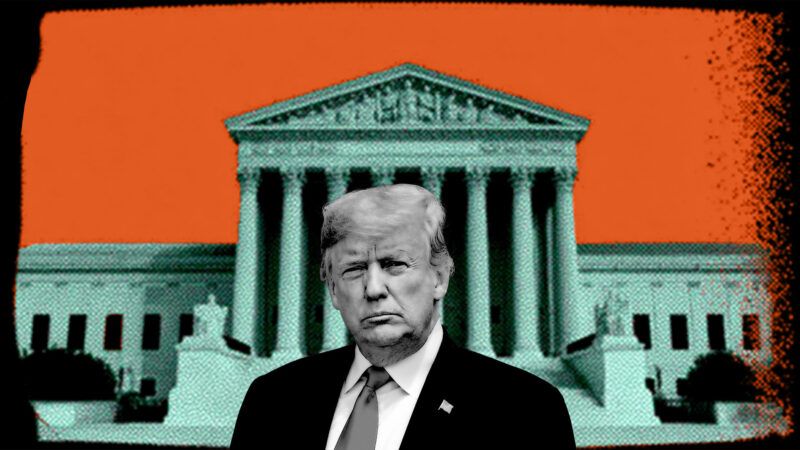 A photo of Donald Trump in front of an image of the Supreme Court building | Illustration: Eddie Marshall | NATO North Atlantic Treaty Organization | Flickr | Midjourney