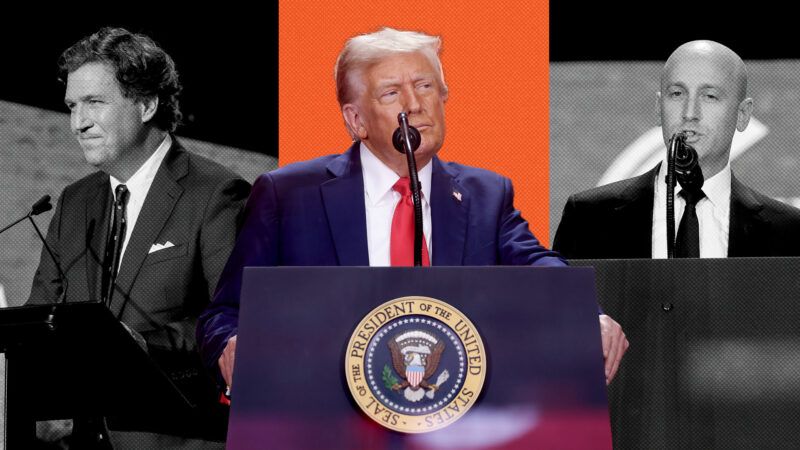 A black and white picture of Tucker Carlson on the left, a black and white picture of Stephen Miller on the right, and an image of Donald Trump in the middle against an orange background | Illustration: Eddie Marshall | Gage Skidmore | ZUMAPRESS | Newscom