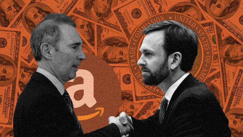 Illustration of Amazon CEO Andy Jassy shaking hands with FTC Chair Andrew Ferguson with dollar bills raining down in the background | Illustration: Eddie Marshall | Ozgur Coskun | Dreamstime.com BONNIE CASH | UPI | Simon Dawson | Avalon| Newscom