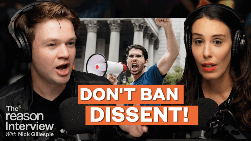 Billy Binion is on the left, civil liberties attorney Jenin Younes is on the right, and in the center a man with glasses and a beard raises his fist while shouting into a megaphone. Bold text across the image reads “DON’T BAN DISSENT!” | Illustration: Eddie Marshall