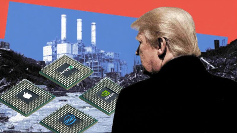 Illustration of President Donald Trump looking at a derelict manufacturing plant with Apple-, Nvidia-, AMD-, and Intel-branded chips in the foreground | Illustration: Eddie Marshall | Midjourney