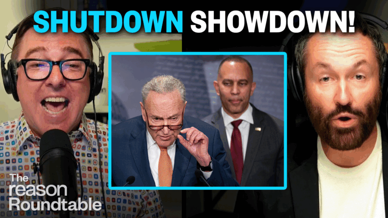 Matt Welch on the left and Peter Suderman on the right. In the center box, Chuck Schumer speaks at a podium while Hakeem Jeffries stands behind him. Bold text at the top reads “SHUTDOWN SHOWDOWN!” | Illustration: Eddie Marshall