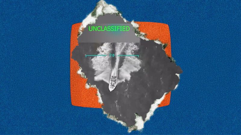 A blue background with an orange square and a black and white image of the boat the Trump administration sunk | Illustration: Eddie Marshall | Truth Social | Midjourney