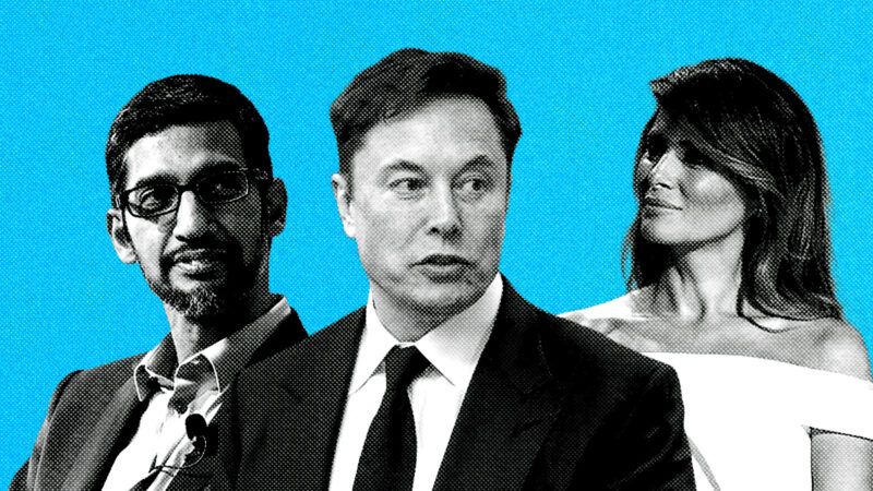Black and white potographs of Sundar Pichai, Elon Musk, and Melania Trump are superimposed over an electric blue background. | Illustration: Eddie Marshall | Defense Visual Information Distribution Service | World Economic Forum | Flickr