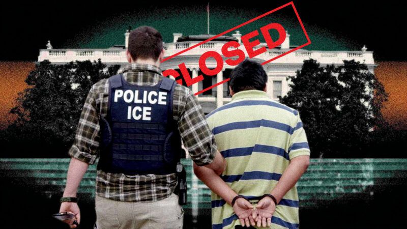 The White House in the background, an ICE agent leading a handcuffed man in the foreground, and the word CLOSED stamped in red across the image | Illustration: Eddie Marshall | Defense Visual Information Distribution Service | picryl | Midjourney