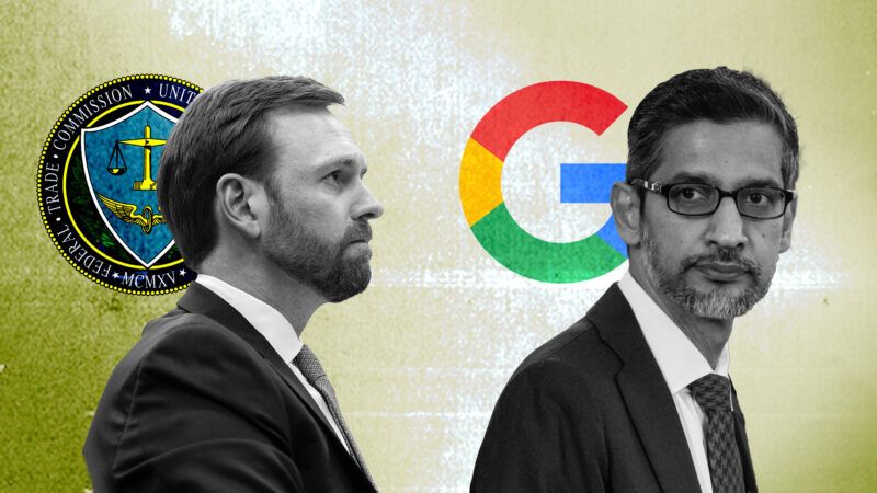 Illustration of Federal Trade Commission Chairman Andrew Ferguson glaring at Alphabet CEO Sundar Pichai | Illustration: Eddie Marshall | BONNIE CASH| UPI | Samuel Corum | Sipa USA | Newscom