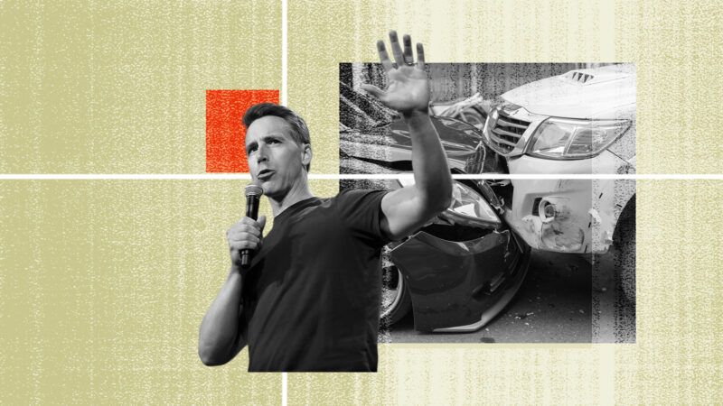 Sen. Josh Hawley stands, speaking into a microphone—a separate image of a head-on car crash is in the background. | Illustration: Eddie Marshall | Gage Skidmore | Wikimedia Commons | Pongmoji | Dreamstime.com