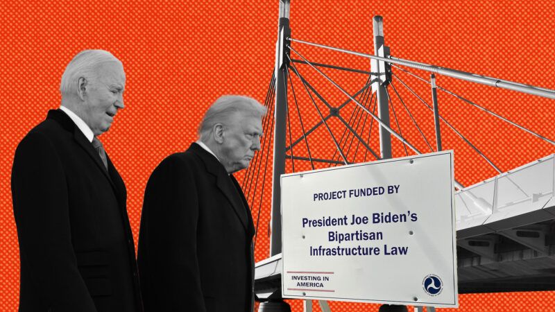Joe Biden and Donald Trump, next to a sign that says "Project funded by President Joe Biden's Bipartisan Infrastructure Law" | Illustration: Eddie Marshall | SecretName101 | Patrick Allen | Dreamstime.com | CNP | POOL | EPA | Sipa US | Newscom