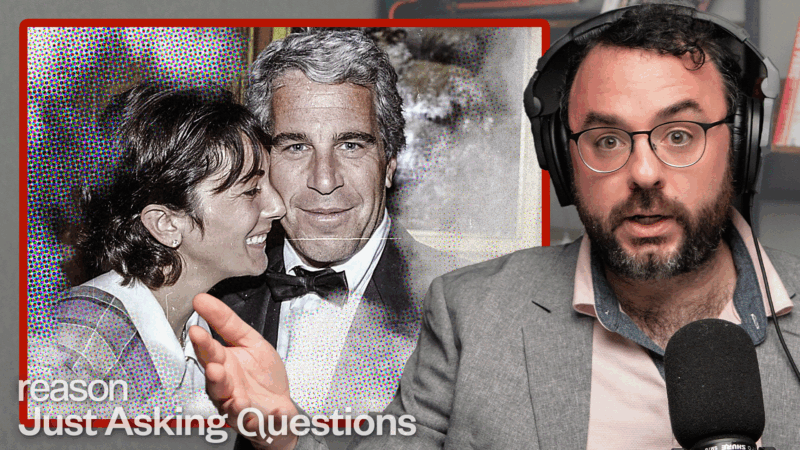 Journalist Michael Tracey next to a picture of Jeffrey Epstein and Ghislaine Maxwell | Edward Marshall