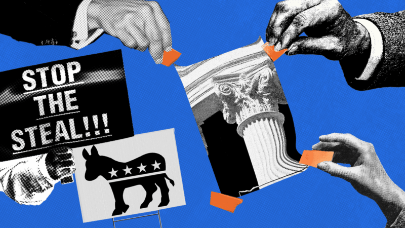 Stop the Steal sign and Democrat donkey and other political symbols. | Credits: Adani Samat, Ty O'Neil / SOPA Images/Sipa USA/Newscom