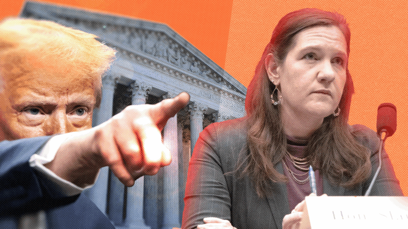 Trump on the left, FTC commissioner Rebecca Slaughter on the right, and the Supreme Court building against an orange background | Credits: Adani Samat, Mattie Neretin/Sipa USA/Newscom, Remko de Waal/ANP/Newscom
