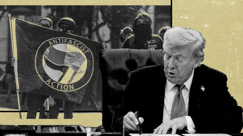 President Donald Trump signing an executive order, with Antifa protesters in an inset image. | Illustration: Eddie Marshall | Imagespace | ZUMA Press | CNP | AdMedia | SIPA | Newscom