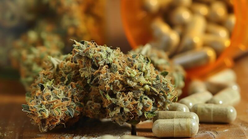 A pill bottle spills out green pills alongside cannabis buds. | ID 380696268 | A Bottle ©  M M  Umair | Dreamstime.com