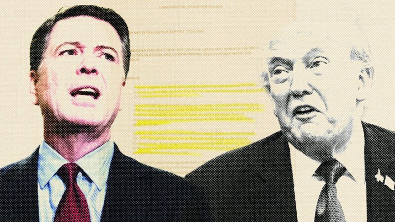 James Comey and Donald Trump, with the Steele dossier in the background. | Illustration: Eddie Marshall | CNP | AdMedia | SIPA | Alex Edelman | ZUMA Press | Newscom