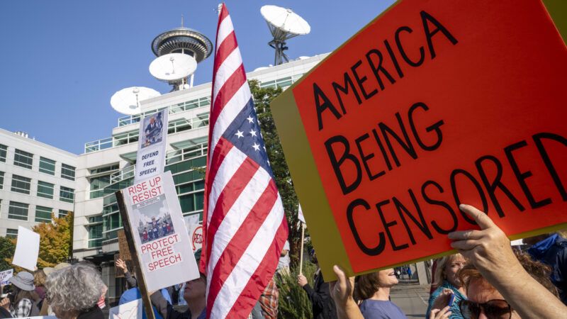 A protest outside an ABC affiliate. One deep red sign says "America Being Censored." | M. Scott Brauer/ZUMAPRESS/Newscom