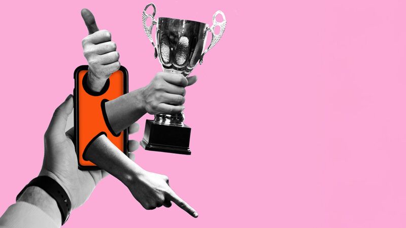 In illustration of a phone with hands popping out of it; one of them is giving a thumbs up and another is holding a trophy | Illustration: Joanna Andreasson Source images: iStock