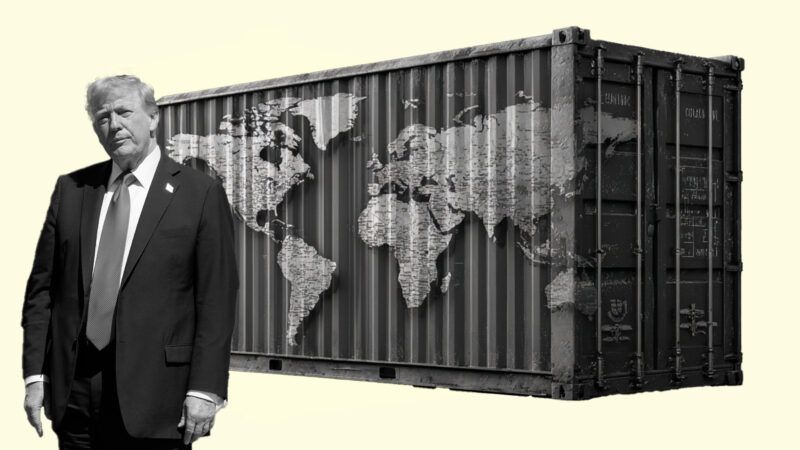 President Donald Trump and a shipping container with a map of the world on the side. | Illustration: Eddie Marshall | Aaron Schwartz | Pool via CNP | picture alliance | Consolidated News Photos | Newscom | Midjourney