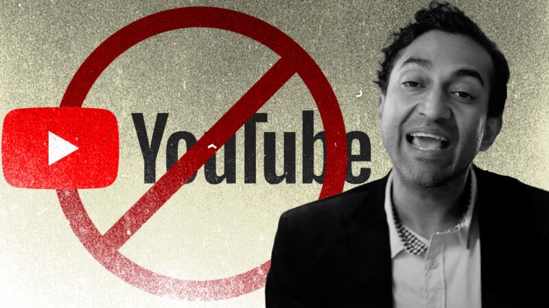 Vinay Prasad, next to a YouTube logo with a circle and line through it. | Illustration: Eddie Marshall | YouTube