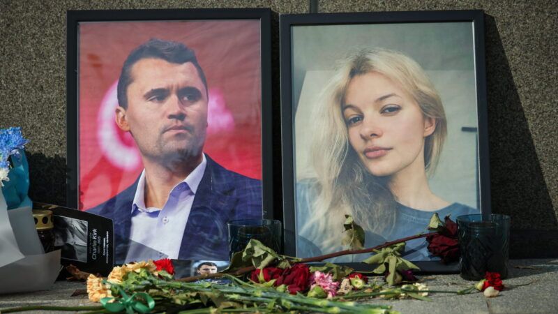 Flowers laid by portraits of Charlie Kirk and Iryna Zarutska | Yevgeny Messman/ZUMAPRESS/Newscom