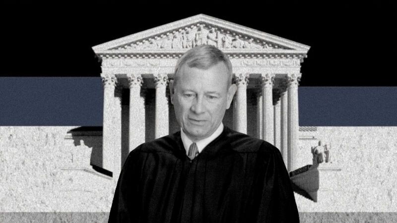 A black and white image of John Roberts in the foreground and the United States Supreme Court building in the background | Illustration: Eddie Marshall | BONNIE CASH | UPI | Newscom | Midjourney