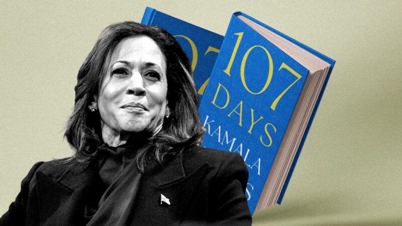 A black and white picture of Kamala Harris with her book 107 Days in the background | Illustration: Eddie Marshall | BONNIE CAS | UPI | Newscom | Pixeden