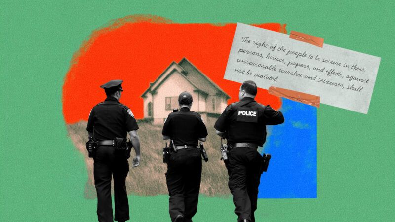A green, blue, and red background with a picture of a house, three police officers, and the text of the Fourth Amendment | Illustration: Eddie Marshall | Bumbleedee | Dreamstime.com | Midjourney