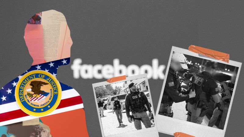 A grayed out Facebook logo in the background, black and white polaroids of ICE agents, and an outline of a person with the US flag and DOJ logo | Illustration: Eddie Marshall | picryl | Hanna Ferents | Peter KovA!A? | Chris Dorney | Dreamstime.com