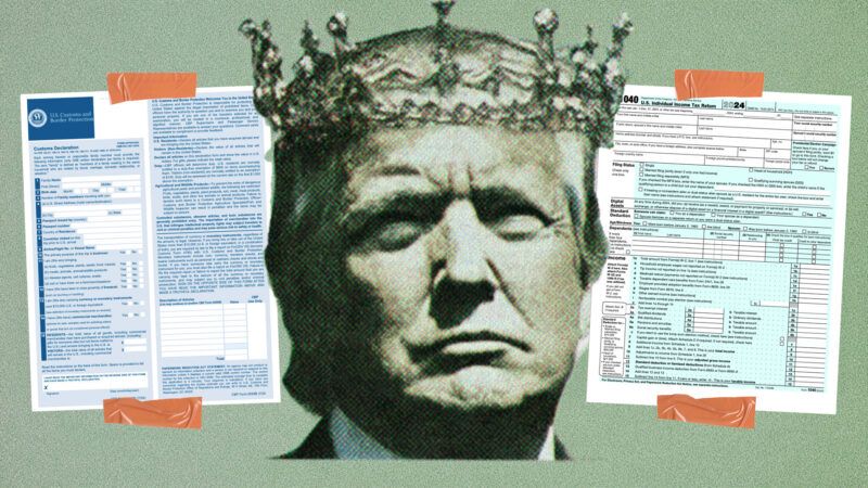 Illustration of President Donald Trump wearing a crown bracketed by a tax form (right) and a customs form (left) | Illustration: Eddie Marshall | Midjourney