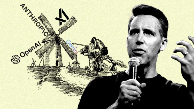 An illustration of Sen. Josh Hawley (R–Mo.) in front of a man on horseback charging at a windmill, featuring the names of major AI companies on its blades | Illustration: Eddie Marshall | Gage Skidmore | Wikimedia Commons