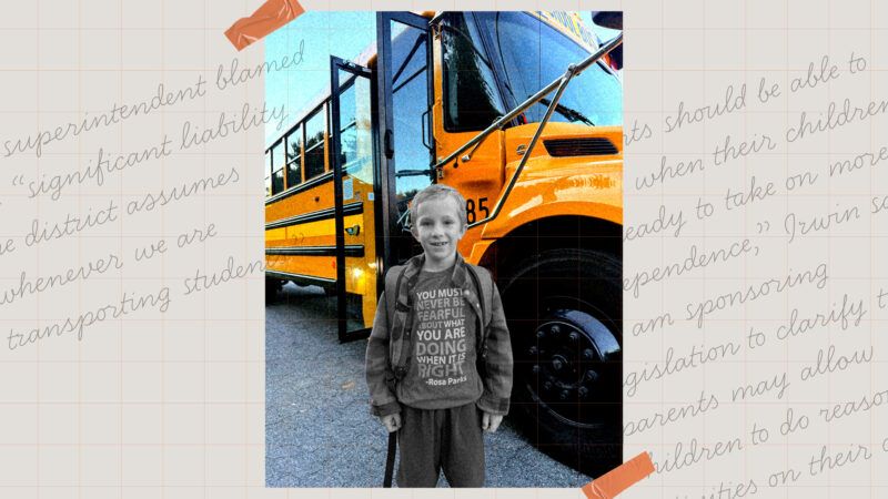 A vertical image of a boy, in black and white, stands in front of a yellow school bus with its doors open. Surrounding the vertical photo on left and right are handwritten words from the article. A vertical image of a boy, in black and white, stands in front of a yellow school bus with its doors open. Surrounding the vertical photo on left and right are handwritten words from the article. | Illustration: Eddie Marshall | Photo: Courtesy Tali Smith
