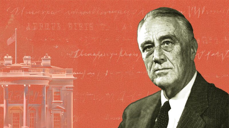 Franklin Roosevelt with an orange background and the White House | Illustration: Eddie Marshall |Flickr FDR Presidential Library & Museum | Midjourney