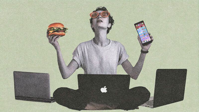 Person sitting with 3 laptops, holding a sandwich and a phone | Illustration: Eddie Marshall | Midjourney