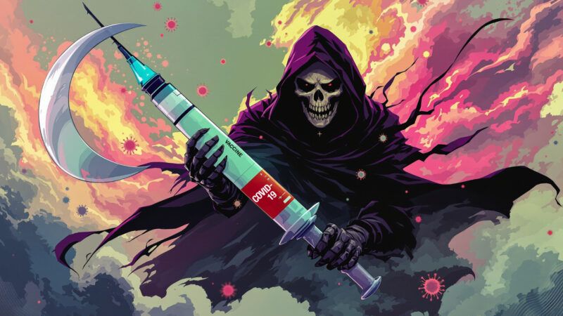 An illustration of the grim reaper holding a COVID vaccine An illustration of the grim reaper holding a COVID vaccine | Sora 2