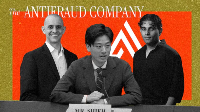 Illustration featuring (left to right) David Barclay, Alex Shieh, and Sahaj Sharda in front of the Antifraud Company's logo | Illustration: Eddie Marshall | Midjourney