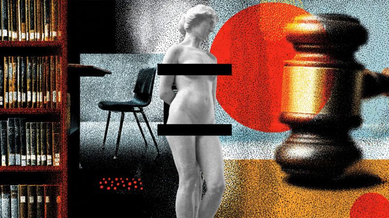 A layered image including a censored statue, a gavel, a bookshelf, and a school desk A layered image including a censored statue, a gavel, a bookshelf, and a school desk | Illustration: Eddie Marshall | Daderot | Midjourney