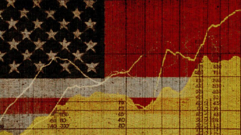 Illustration of an American flag, a line graph, and a data table | Illustration: Eddie Marshall | Midjourney