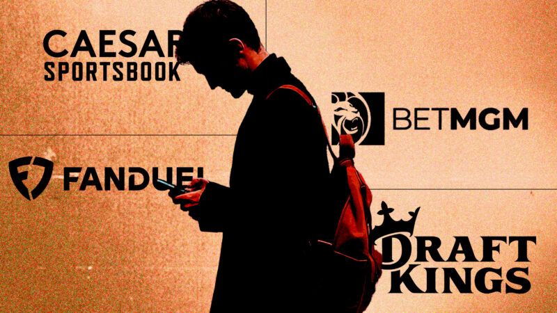 A man wearing a backpack stares down at his phone in his hands—he's superimposed over an orange background and the logos for Caesars Sportsbook, BetMGM, DraftKings, and FanDuel. | Illustration: Eddie Marshall | Midjourney